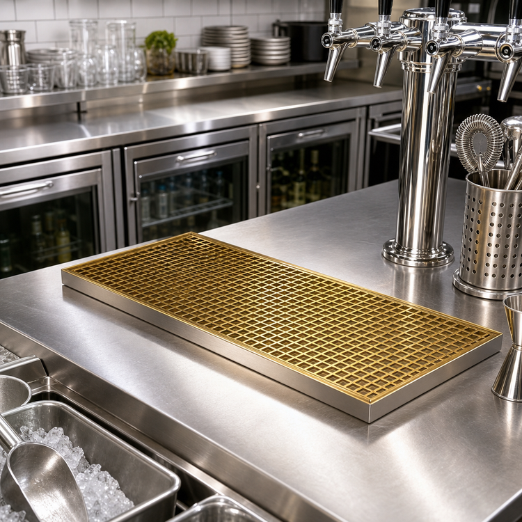 Product image #2 for Surface-Mount Stainless Steel Drip Tray Trough with Perforated PVD Brass Screen, 20 x 8 Inch