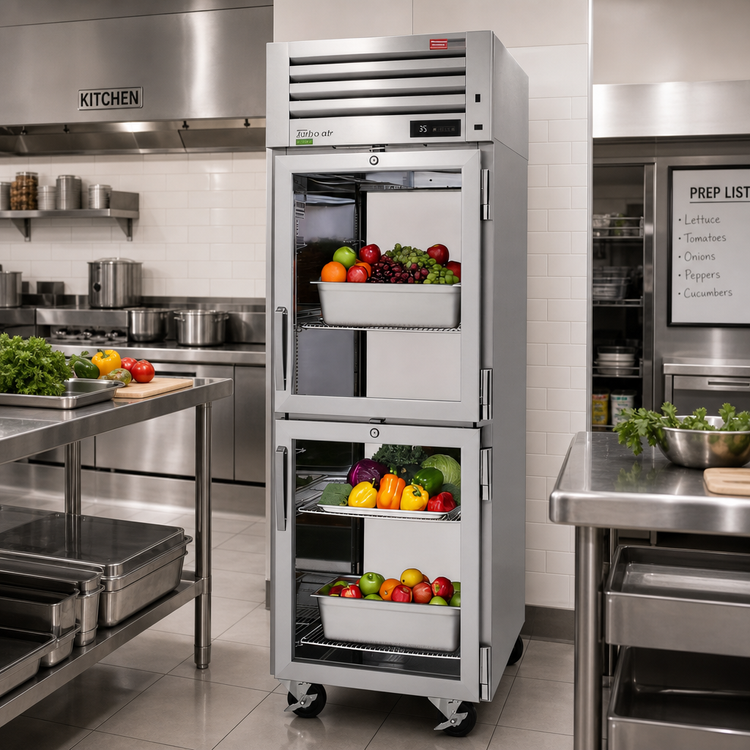 Product image #2 for Turbo Air PRO Series 1-Section Pass-Thru Reach-In Refrigerator with 2 Front and 2 Rear Glass Half Doors, 27.52 Cu. Ft., Top-Mount Self-Contained Refrigeration