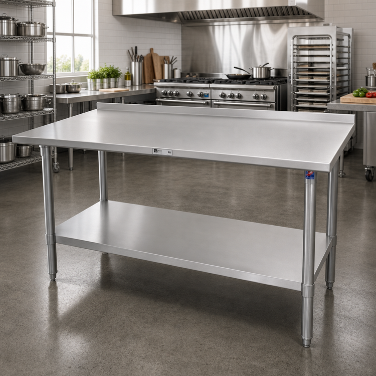 Product image #2 for John Boos Stallion 120"W x 36"D Stainless Steel Work Table with 1-1/2" Rear Up-Turn and Welded Undershelf