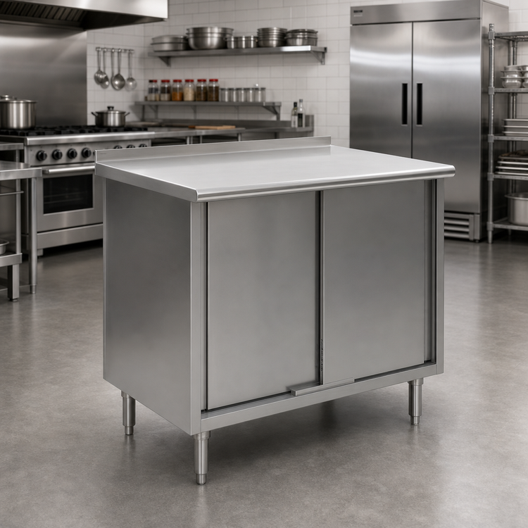 Product image #2 for Spec-Master Cabinet Base Enclosed Work Table with Sliding Doors, 36 x 24 Inch, 14 Gauge 304 Stainless Steel Top