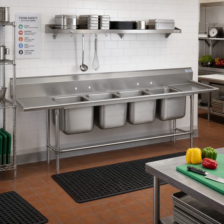 Product image #2 for Advance Tabco Regaline 4-Compartment Sink with Left and Right Drainboards, 123-1/2 Inch, 14 Gauge 304 Stainless Steel