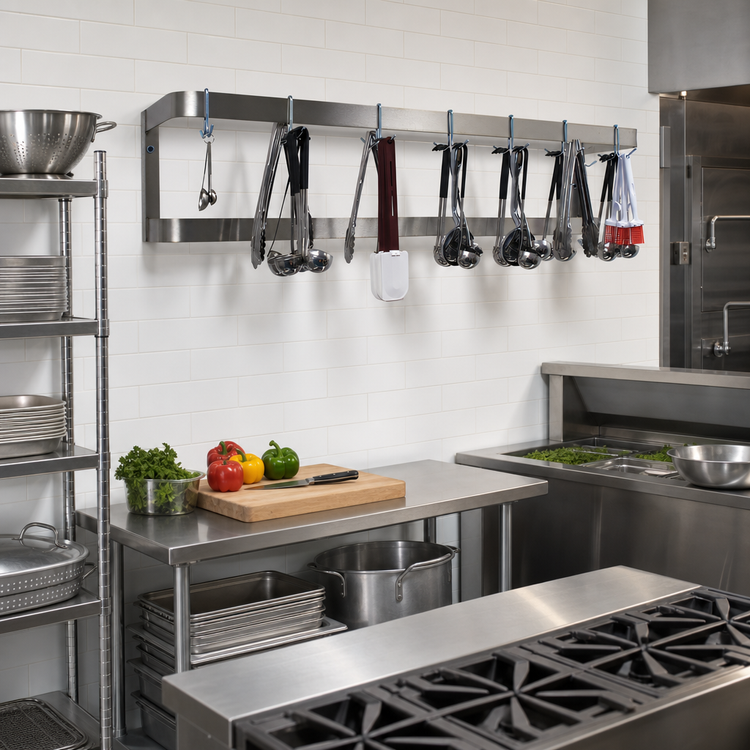 Product image #2 for Advance Tabco Wall-Mounted Double-Bar Stainless Steel Pot Rack, 96 Inch x 12 Inch, 18 Plated Double Hooks