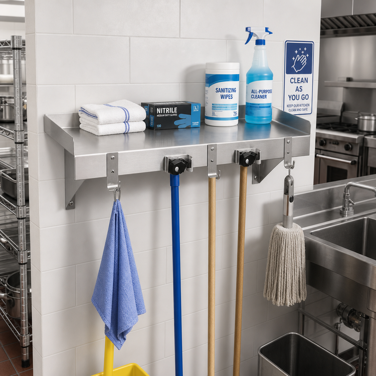 Product image #2 for Advance Tabco 36-Inch Wall-Mounted Stainless Steel Utility Shelf with Mop Holders and Rag Hooks