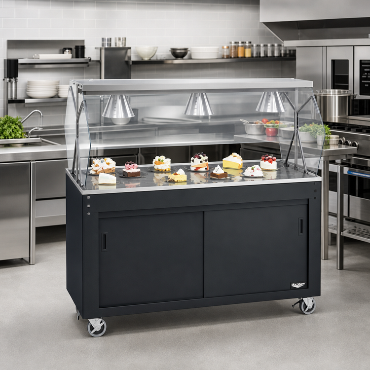 Product image #2 for Vollrath 2-Series Affordable Portable 46-Inch Mobile 3-Pan Non-Refrigerated Cold Food Station with Buffet Breath Guard and Sliding Door Storage Base