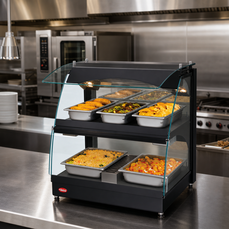 Product image #2 for Hatco Glo-Ray Curved Glass Countertop Merchandising Warmer with Deck and Shelf, Humidified Bottom Shelf, 26-Inch