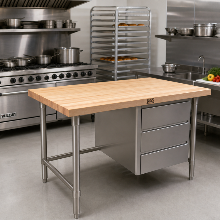 Product image #2 for John Boos 60-Inch x 30-Inch Northern Hard Rock Maple Wood Top Work Table with Open Cabinet Base and 3 Drawers