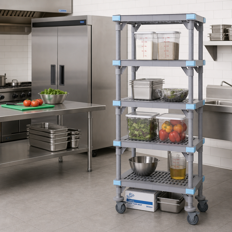 Product image #2 for Millenia Mobile Polymer Shelving Starter Unit with 5 Open Grid Shelves, 24"W x 18"D x 74"H, Gray
