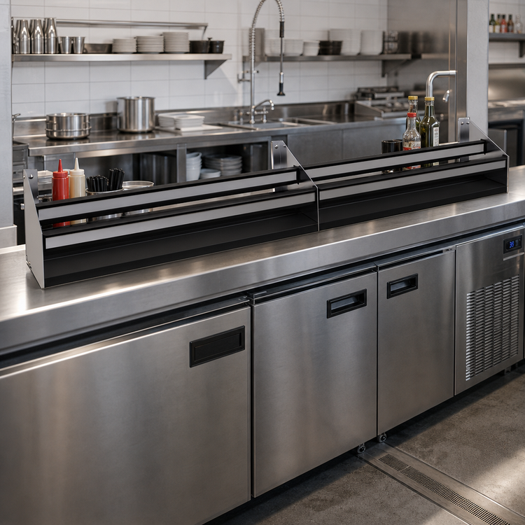 Product image #2 for Glastender 75-Inch Double Stainless Steel Speed Rail with Open Step-and-Rail Design