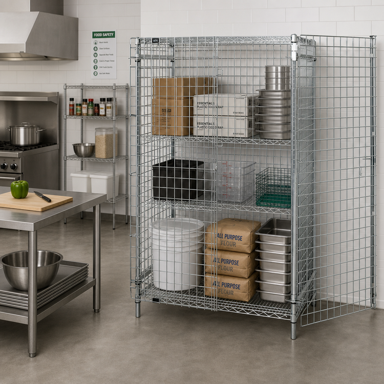 Product image #2 for Quantum Stationary Chrome-Plated Wire Security Cage with Doors and Panel Set, 48W x 24D x 63H Inches