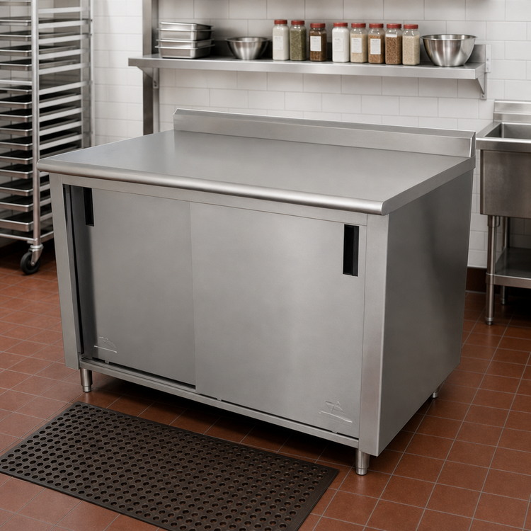 Product image #2 for Advance Tabco 108" x 30" Enclosed Cabinet Base Work Table with 14-Gauge 304 Stainless Steel Top and Sliding Doors