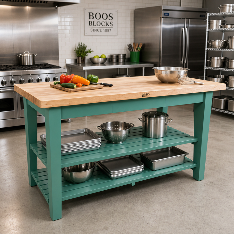 Product image #3 for John Boos Classic Country 60 x 36 x 34-3/4 Inch Wood Top Work Table with Painted Base and Two Slatted Undershelves