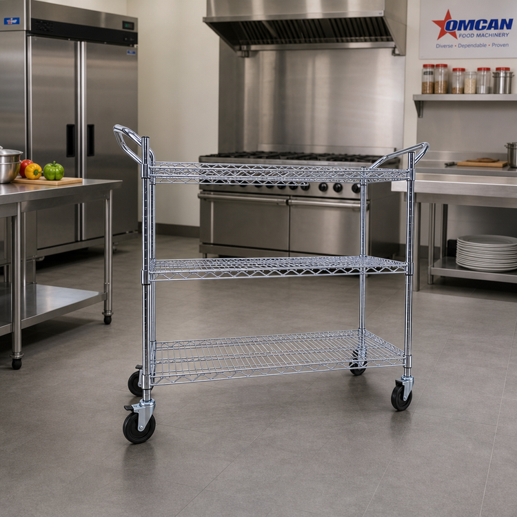 Product image #2 for Omcan 3-Tier Chrome Plated Wire Stock Cart with Double Handle, 24 x 48 Inches, 600 lb. Capacity