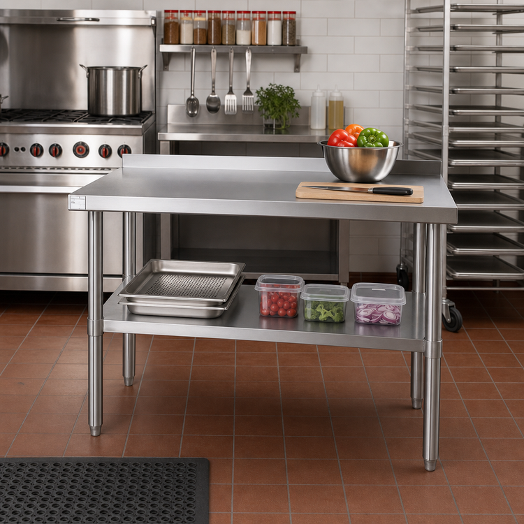 Product image #2 for 14 Inch x 30 Inch 18 Gauge 18/430 Stainless Steel Work Table with 2 Inch Rear Up-Turn, Open Base, and Adjustable Undershelf