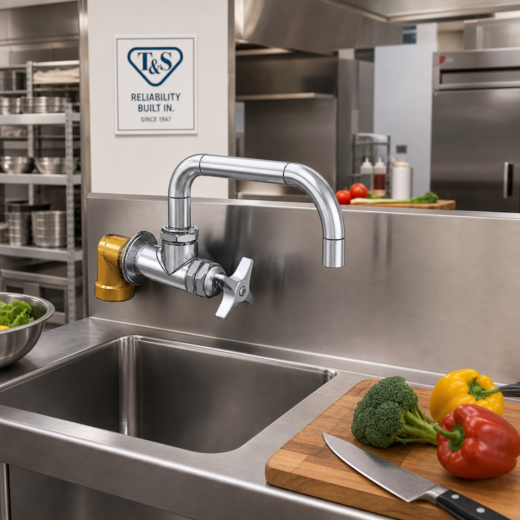 Product image #2 for T&S Brass Big-Flo Wall Mount Faucet with 8 Inch Swivel Nozzle and 4-Arm Handle