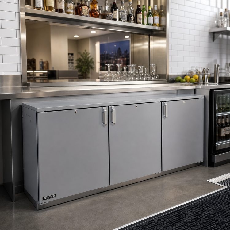 Product image #2 for Glastender Pass-Thru Back Bar Cooler, 72-Inch, Three-Section, Remote Refrigeration, Low Profile