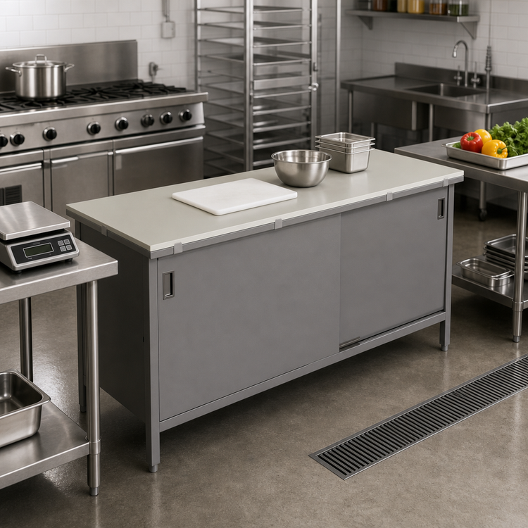 Product image #2 for Poly Top Work Table with Cabinet Base and Sliding Doors, 120 x 30 Inch