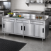Thumbnail image #2 for Advance Tabco 84-Inch x 30-Inch Enclosed Work Table Storage Cabinet with 3 Drawers, 4 Sliding Doors, 304 Stainless Steel Top, and 5-Inch Backsplash