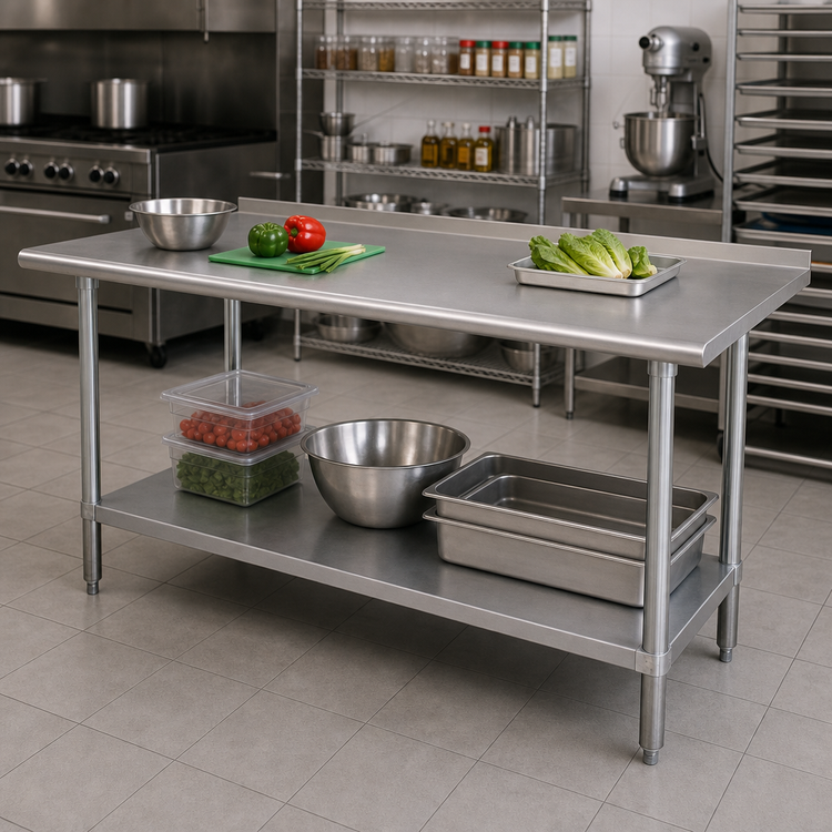 Product image #2 for Advance Tabco 108-Inch x 30-Inch 304 Stainless Steel Work Table with Rear Up-Turn and Adjustable Undershelf