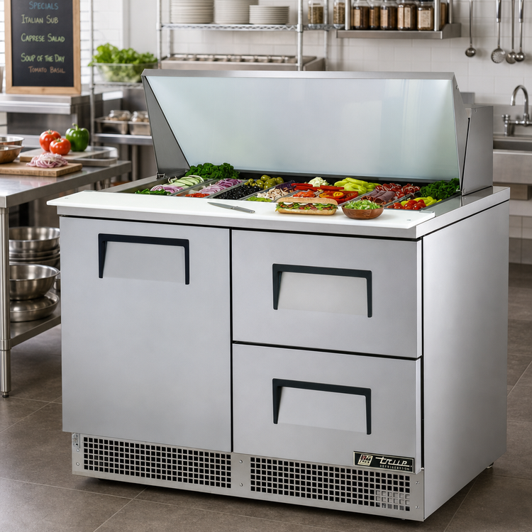 Product image #2 for True 48-Inch Two-Section Refrigerated Sandwich/Salad Prep Table with 1 Door, 2 Drawers and 18 Top Pans
