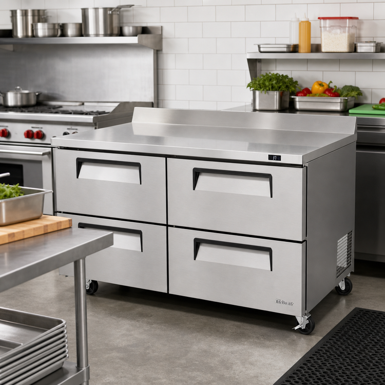 Product image #2 for Turbo Air Super Deluxe 60-1/4-Inch Two-Section Worktop Refrigerator with 4 Stainless Steel Drawers