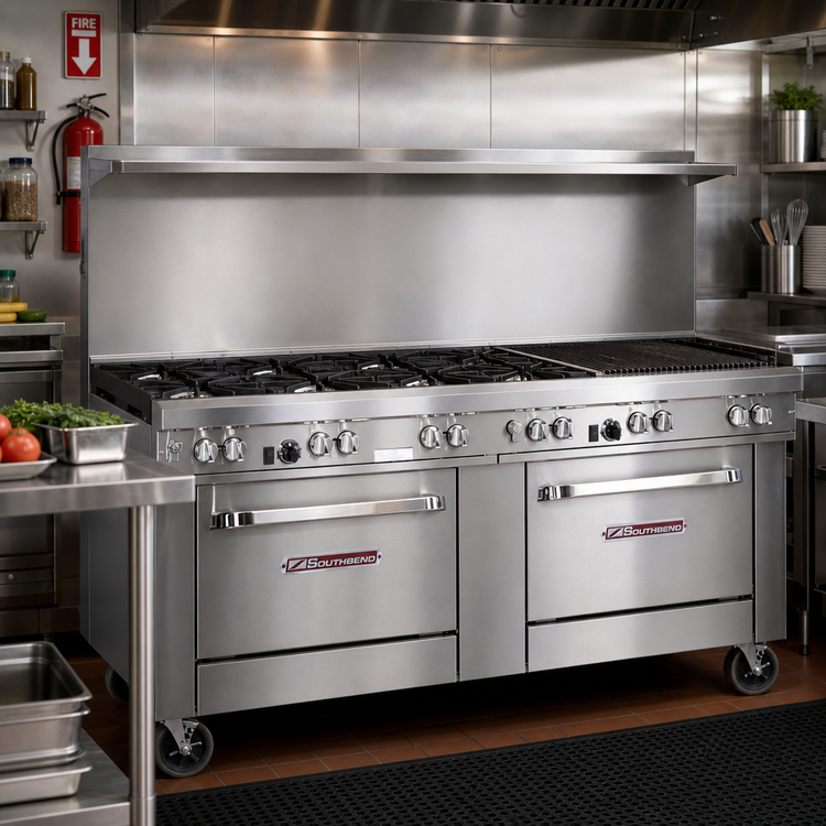 Product image #2 for Southbend Ultimate 72-Inch Gas Restaurant Range with 6 Non-Clog Burners, 36-Inch Charbroiler, and 2 Convection Ovens
