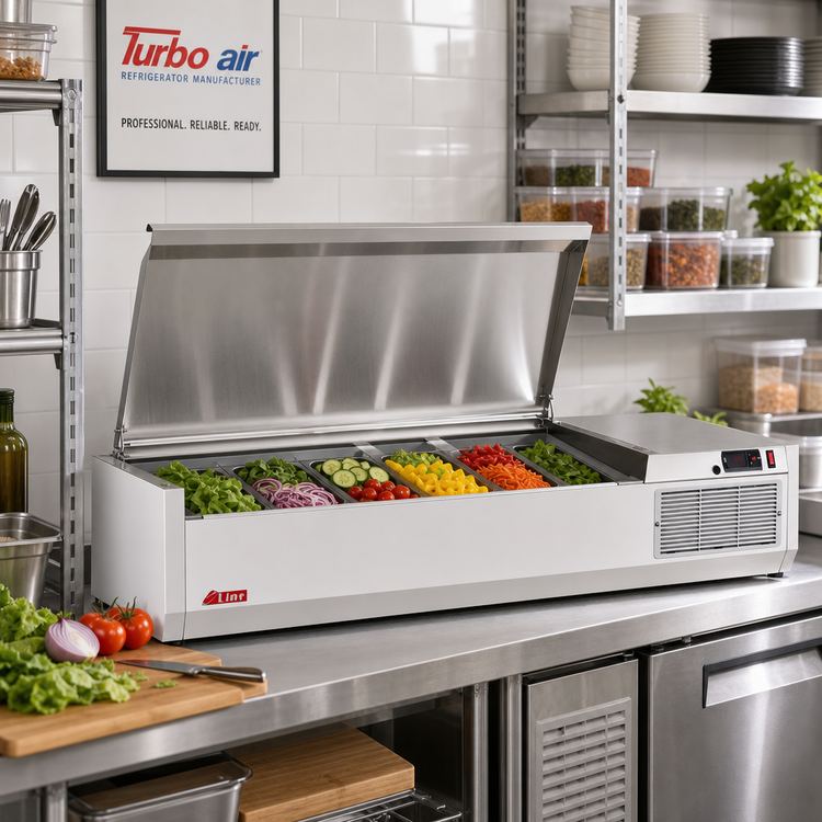 Product image #3 for Turbo Air E-Line 47-1/4 Inch Countertop Refrigerated Salad Table, Side-Mounted Self-Contained, 8-Pan Capacity