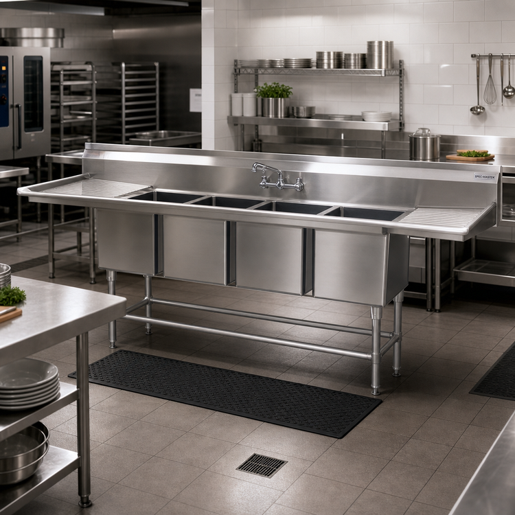Product image #2 for Spec-Master FN Series 128" Four-Compartment Stainless Steel Commercial Sink with Dual 24" Drainboards