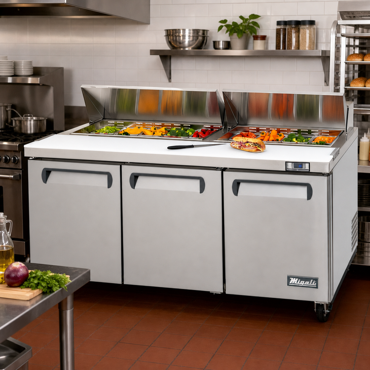 Product image #2 for Migali Competitor Series® 72.7-Inch Three-Section Refrigerated Counter/Sandwich Prep Table, 24.5 Cu. Ft., Rear-Mount Self-Contained, 18-Pan Capacity