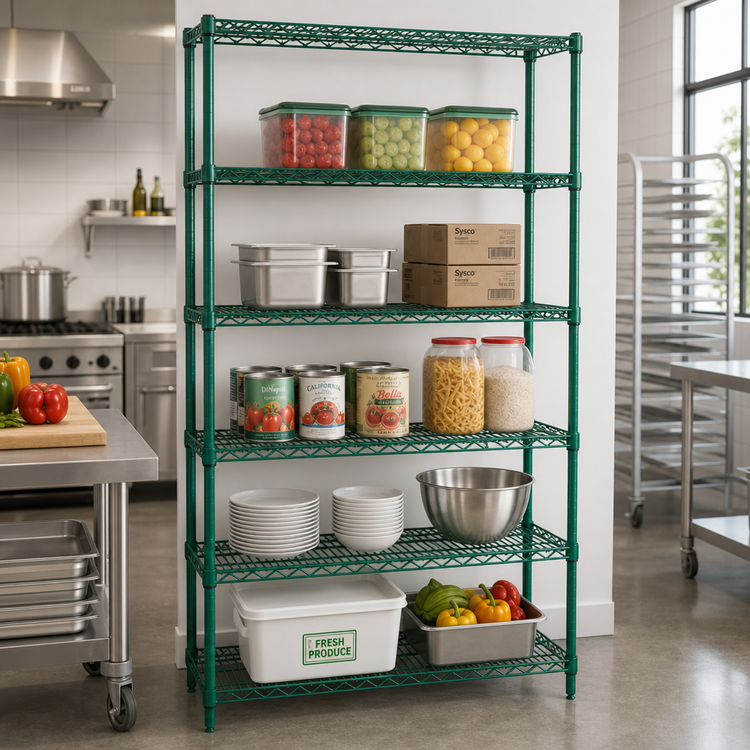 Product image #2 for Quantum 42 x 18 x 63 Inch Stationary Wire Shelving Starter Kit with 5 Shelves, Green Epoxy Antimicrobial Finish