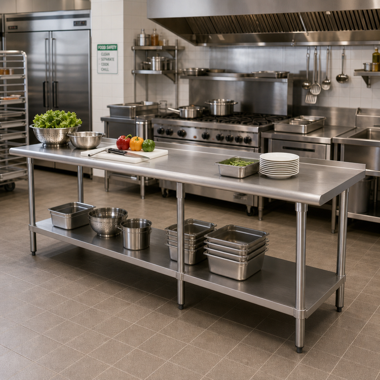 Product image #2 for Advance Tabco 120 Inch x 24 Inch Stainless Steel Work Table With Adjustable Undershelf and 1-1/2 Inch Rear Up-Turn