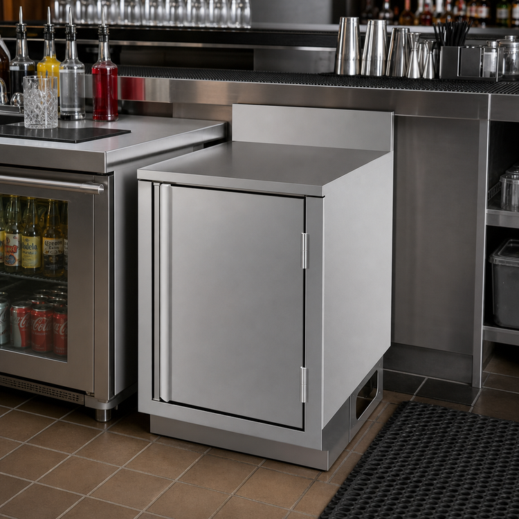 Product image #3 for BK Resources Call Series Stainless Steel Underbar Cabinet, Flat Top, Pedestal Base, 18 x 21 Inches