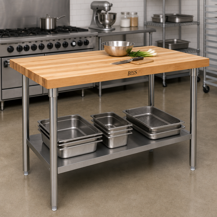 Product image #2 for John Boos 72-Inch x 30-Inch Northern Hard Rock Maple Wood Top Work Table with Stainless Steel Legs and Adjustable Undershelf