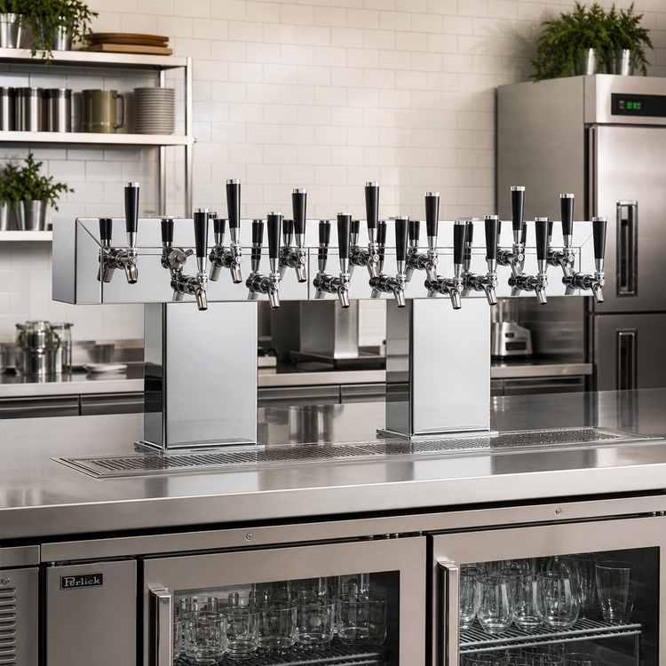 Product image #2 for Perlick Back-to-Back Bridge Tee Countertop Glycol-Cooled Draft Beer Tower, Extra High, 24 Faucets, Polished Chrome