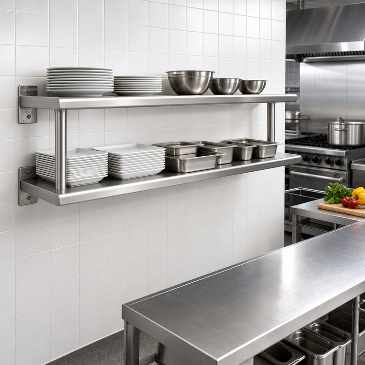 Product image #2 for Wall-Mounted Double-Tier Pass-Thru Shelf, 84 x 18 Inches, Stainless Steel