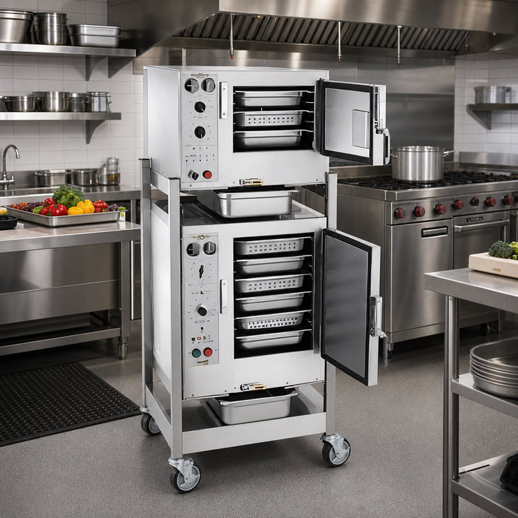 Product image #2 for AccuTemp Steam'N'Hold 2-Compartment Boilerless Convection Steamer with Stand and Casters, Electric, 208V