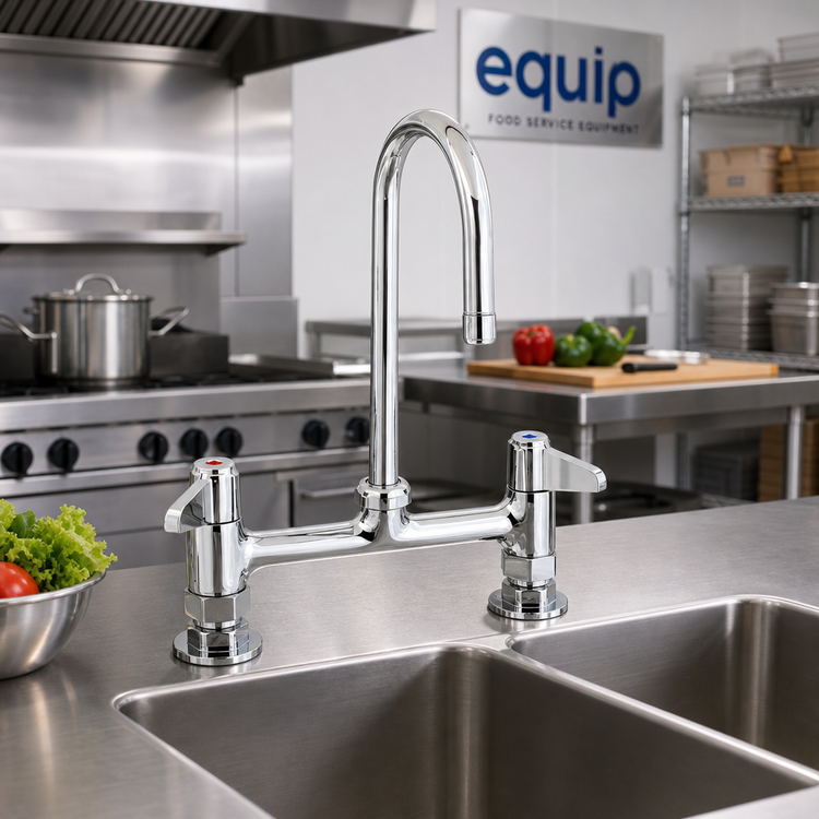 Product image #2 for equip 8-Inch Deck Mount Low-Lead Mixing Faucet with 5-1/2-Inch Swivel Gooseneck and Lever Handles