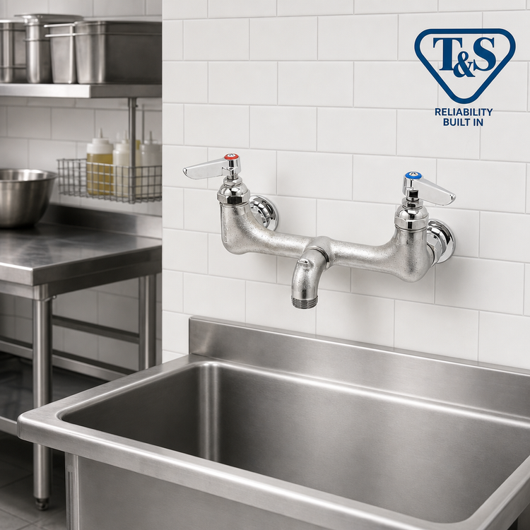 Product image #2 for T&S Brass 8-Inch Wall Mount Service Sink Mixing Faucet with Pail Hook Spout and 3/4-Inch Garden Hose Thread Outlet