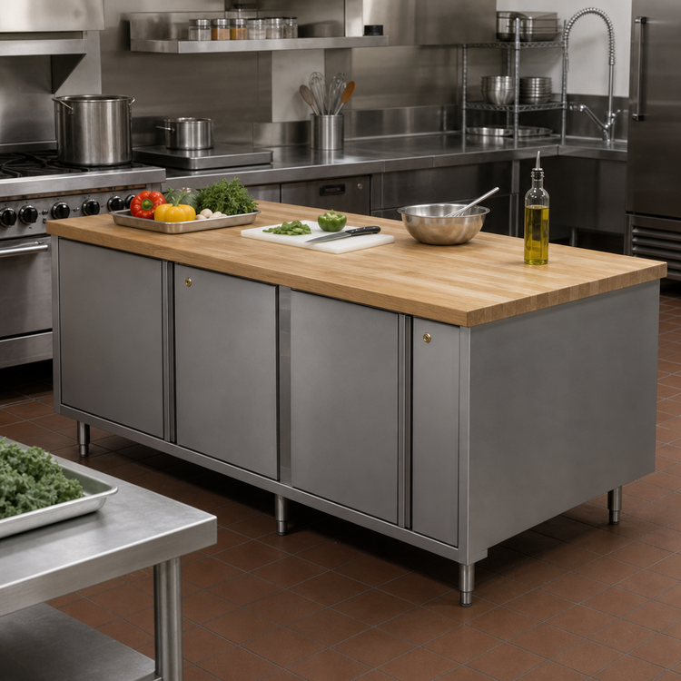 Product image #2 for BK Resources 96-Inch Dual-Access Chef Table with Hard Maple Top and Locking Cabinet Base