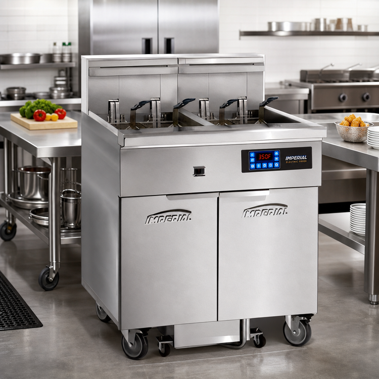 Product image #2 for Imperial Electric 6-Battery 75 lb. Floor Fryer with Built-In Space Saver Filter System, Tilt-Up Elements and Electronic Thermostat