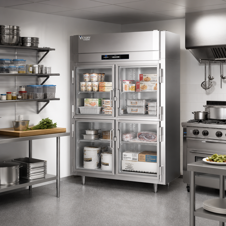 Product image #2 for Victory UltraSpec 2-Section Shallow Depth Glass Half-Door Reach-In Freezer, 41.35 Cu. Ft., Self-Contained, Stainless Steel