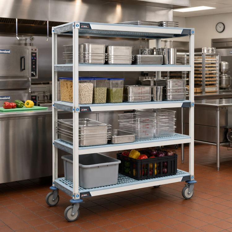 Product image #2 for MetroMax i 4-Tier Mobile Polymer Shelving Unit with Stem Casters, 48"W x 24"D x 69"H, Open-Grid Shelves, 900 lb. Capacity