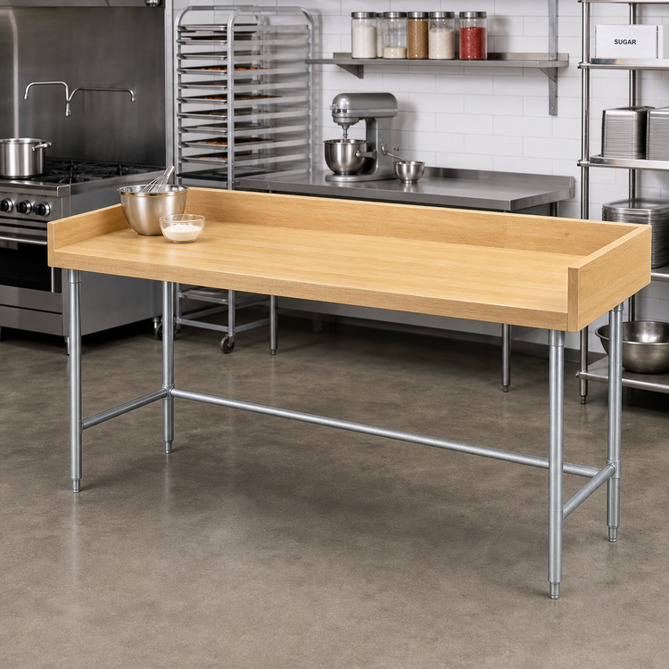 Product image #2 for Advance Tabco Bakers' Top Wood Work Table with 4-Inch Rear and Side Splash, Galvanized Open Base, 96 x 36 x 39.5 Inches