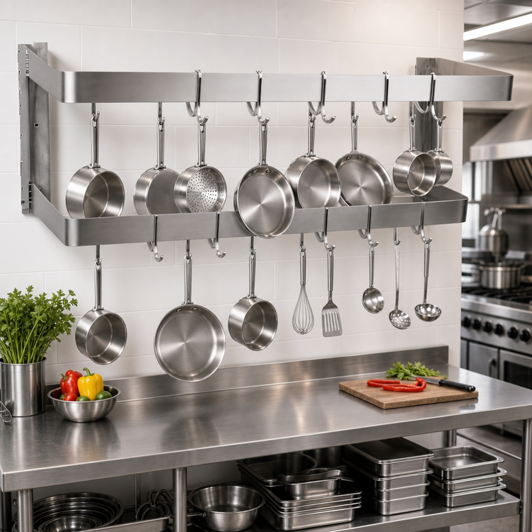 Product image #2 for Commercial 84-Inch Wall-Mount Double-Bar Stainless Steel Pot Rack with 14 Double Hooks