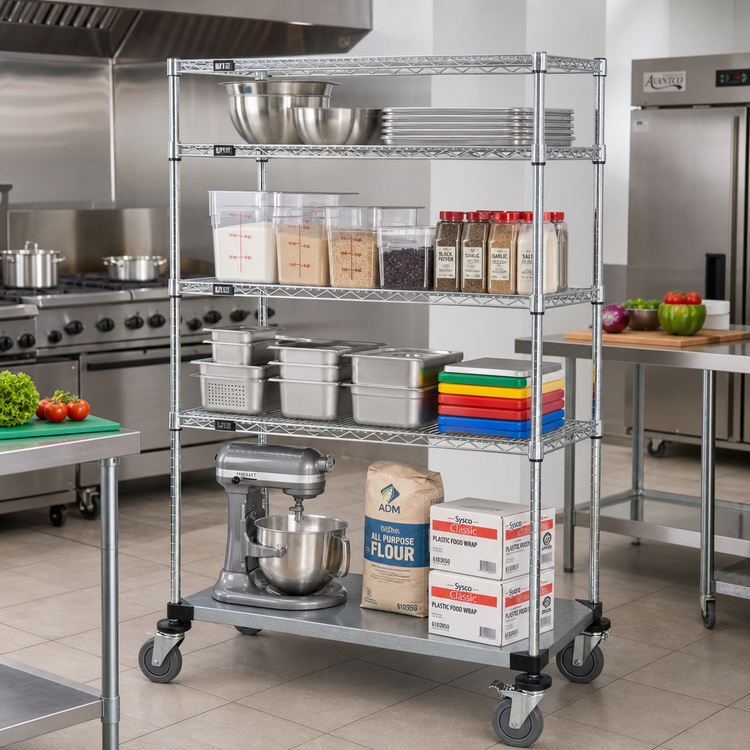 Product image #2 for Quantum 60"W x 18"D x 80"H Mobile Wire Shelving Cart with 4 Shelves, Casters, and Chrome Plated Finish