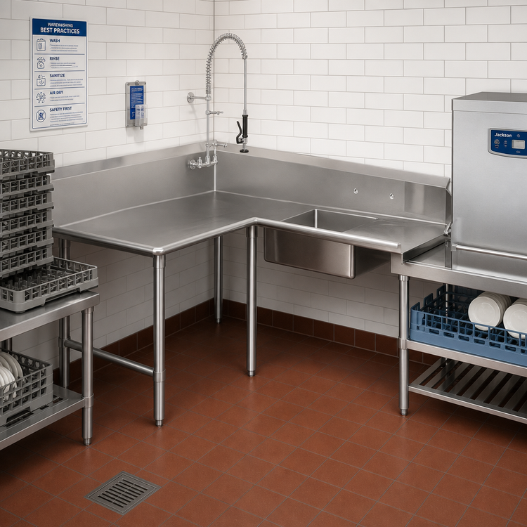Product image #2 for John Boos Pro-Bowl L-Shaped Corner Soiled Dishtable with Pre-Rinse Sink Bowl, Left-to-Right, 60-Inch Machine-to-Corner x 108-Inch Corner-to-End, 14-Gauge 304 Stainless Steel