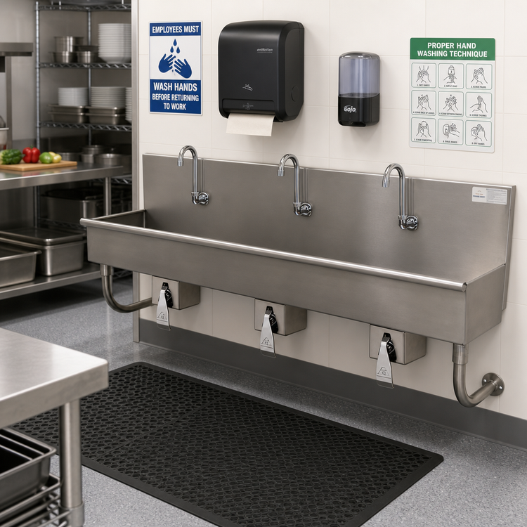 Product image #2 for Advance Tabco 60-Inch 3-Station Wall-Mounted Knee-Operated Hand Wash Sink with Gooseneck Spouts and Basket Drain
