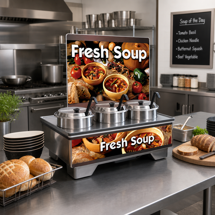 Product image #2 for Vollrath Cayenne® Full-Size Rethermalizing Soup Merchandiser Base with Flush-Mount Menu Board and 4 Quart Accessory Pack