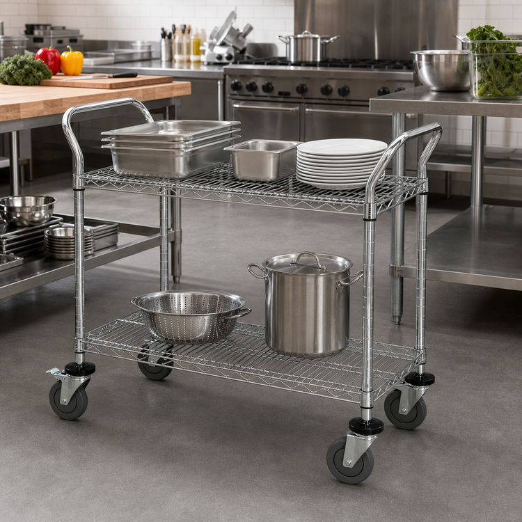 Product image #2 for Chrome Wire Utility Bus Cart with 2 Shelves, 42 x 18 x 37.5 Inches, 1200 lb. Capacity