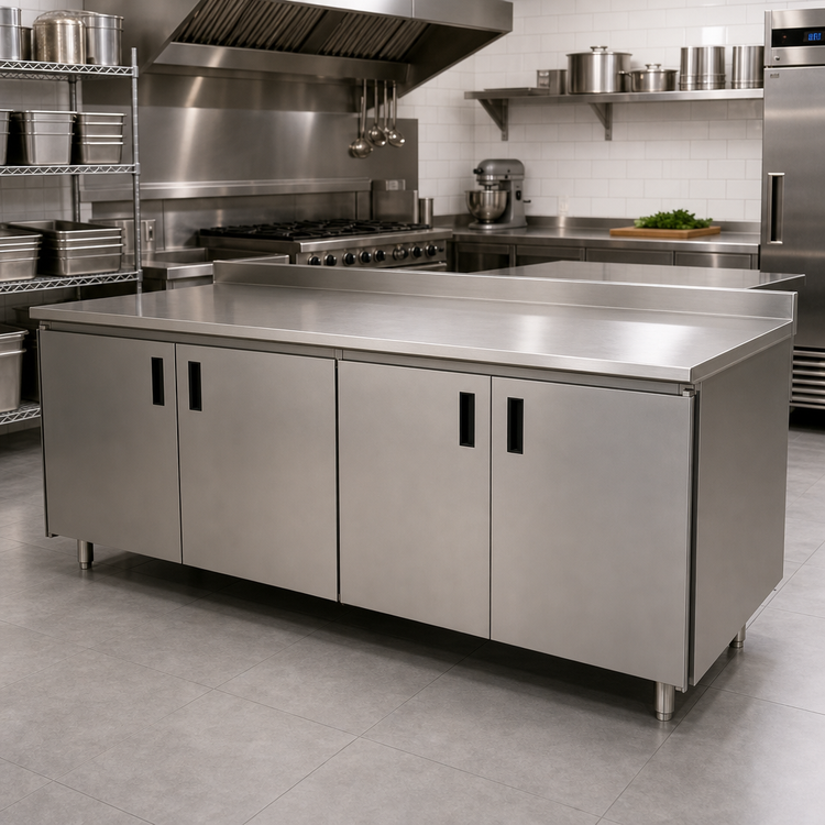 Product image #2 for Advance Tabco 144 Inch x 36 Inch Enclosed Work Table with Cabinet Base, Mid-Shelf, Hinged Doors, and 14 Gauge 304 Stainless Steel Top