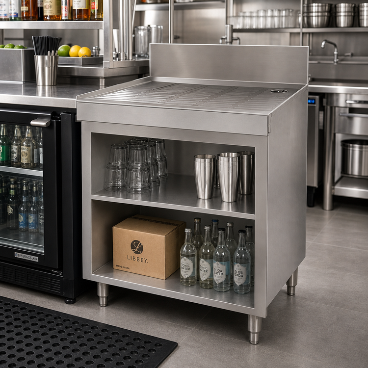 Product image #2 for Advance Tabco Underbar Basics 48-Inch Stainless Steel Drainboard with Open Cabinet Base and Mid-Shelf